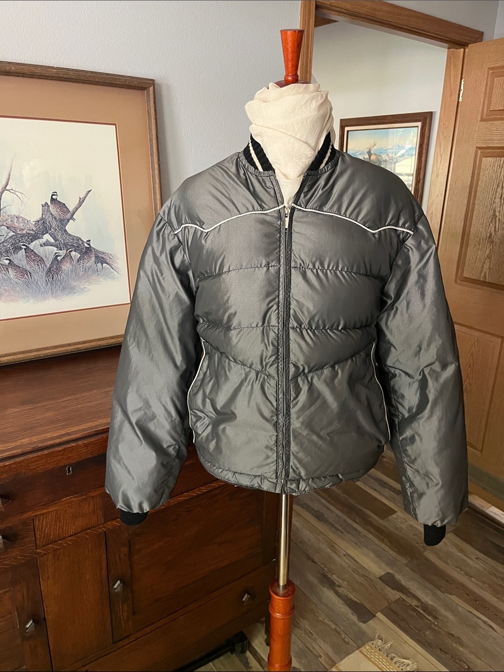 Vtg Comfy USA Silver Grey Down Western bomber coat jacket